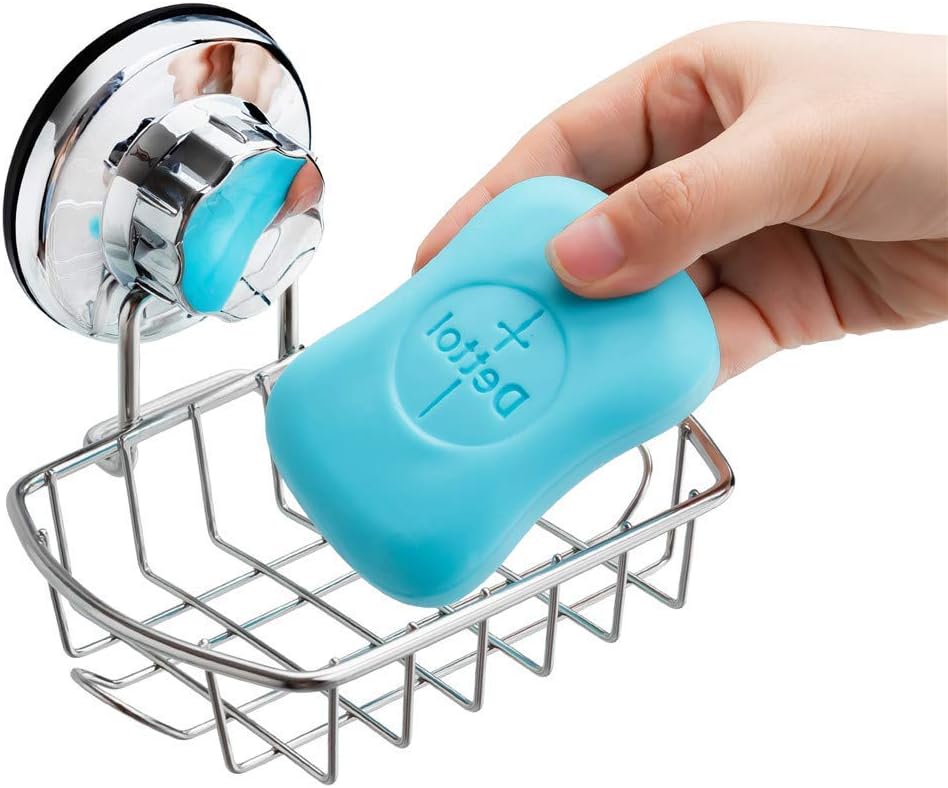 SANNO Suction Soap Dish with Hooks | Soap Holder Saver Tray for Shower, Bathroom, Tub, Kitchen Sink