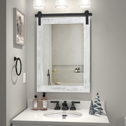 COGOOD Farmhouse Bathroom Mirror - 30 x 21 Rustic Wood Framed Wall Barn Door Mirror for Entryway, Living Room, Vanity Wall Decor (White)