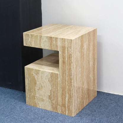 Italian Travertine C-Shaped End Table, Luxurious Natural Stone Coffee Table Suitable for for Living Room Bedroom Bathroom Small Spaces, No Installation Travertine Sofa Table for Modern Home Decor