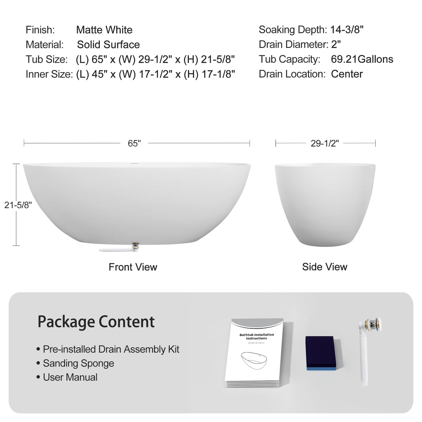 GDFStudio 65" Freestanding Solid Surface Bathtub, Handcrafted Stone Resin Soaking Tub with Overflow and Pop-up Drain, Matte White Luxury Bathtub, Ergonomic Design, 57.6-Gallon Capacity