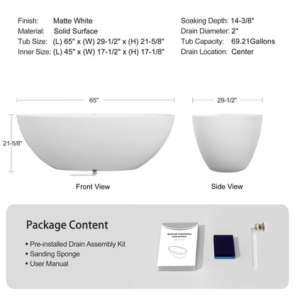 GDFStudio 65" Freestanding Solid Surface Bathtub, Handcrafted Stone Resin Soaking Tub with Overflow and Pop-up Drain, Matte White Luxury Bathtub, Ergonomic Design, 57.6-Gallon Capacity