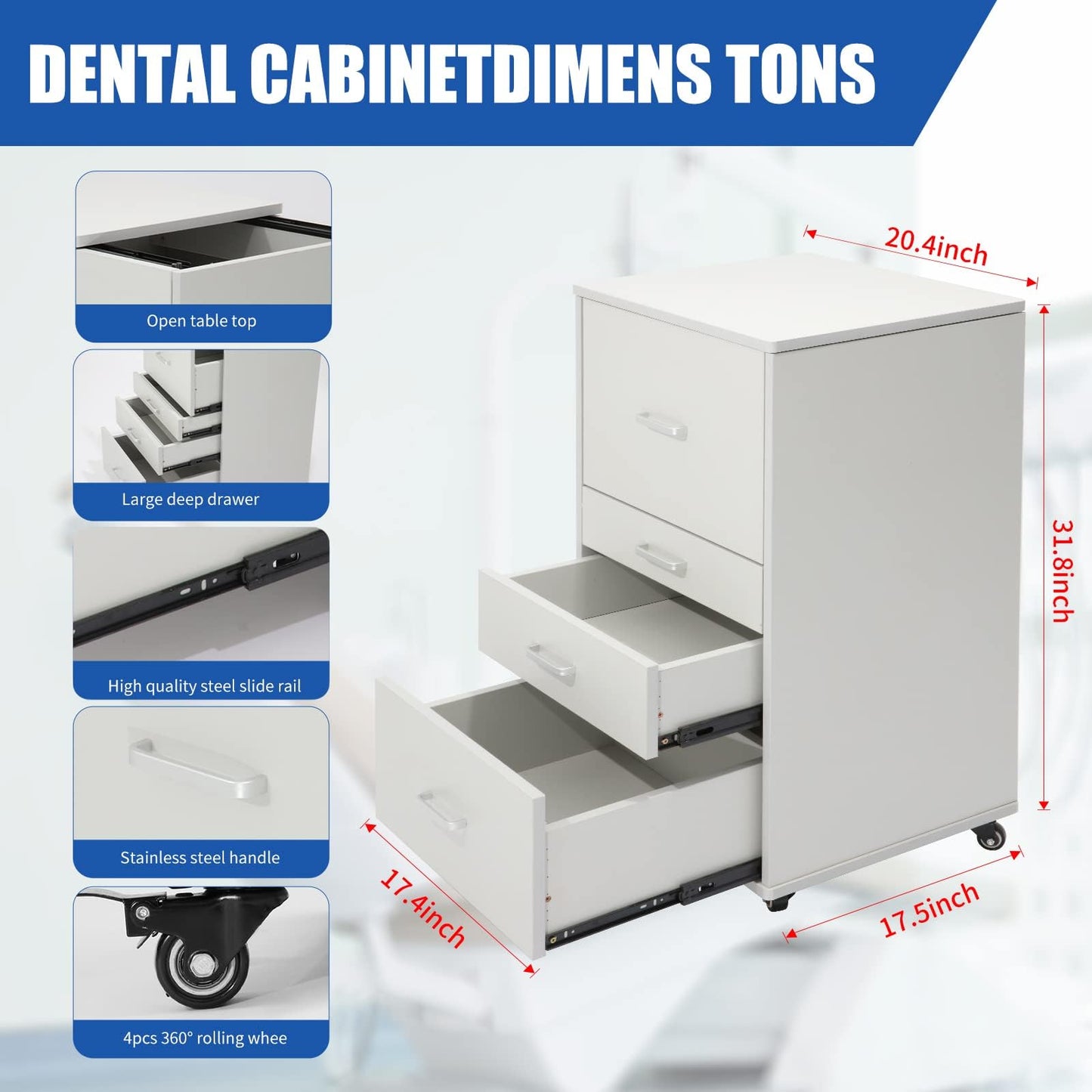 Medical Dental Assistant's Mobile Cabinet Alabama Cart Utility Cart 4 Drawer with Handle, Easy to Pull Out and Push Back.