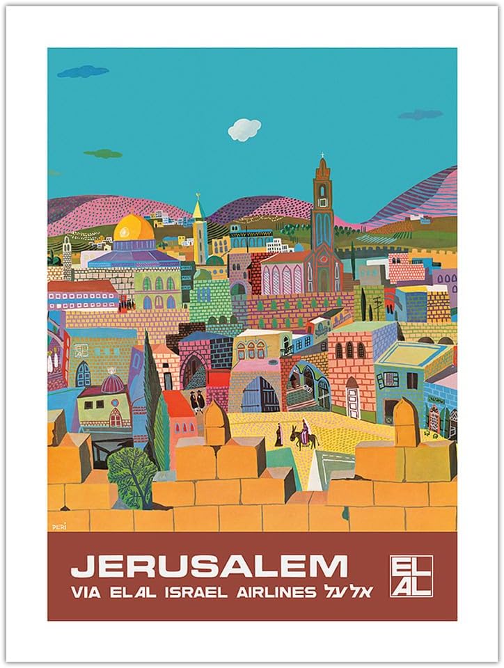 Vintage Airline Travel Poster - Jerusalem Israel via El Al Airlines by Peri Rosenfeld c.1970s, 12x16in