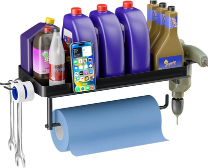 2 Garage Shop Paper Towel Holder Wall Mount, Garage Organization Paper Towel Phone Holder with Shelf and Hooks, Heavy
