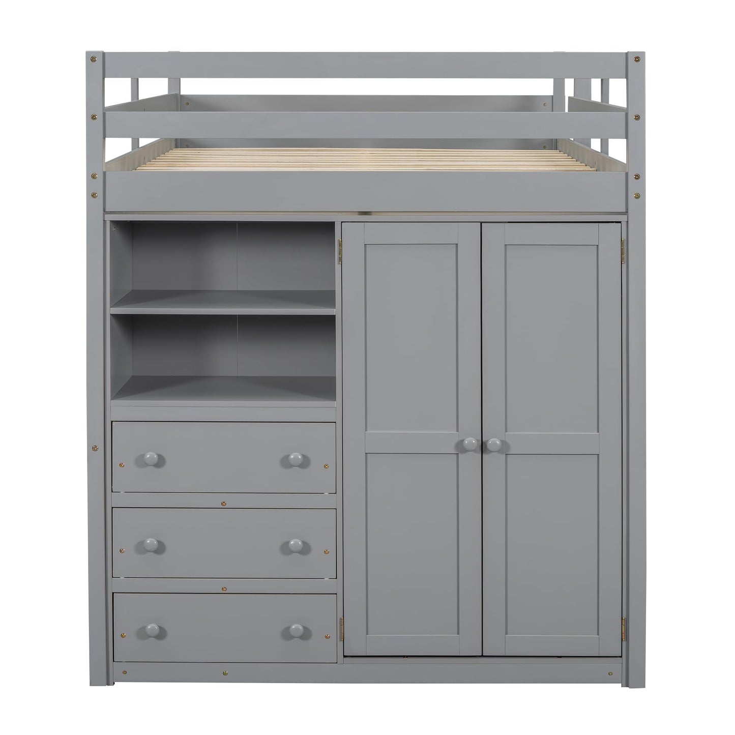Full Size Loft Bed Frame with Built-in Wardrobe, Desk, Storage Shelves and Drawers, Wood Slat Support