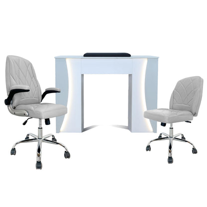 Venus Manicure Table Fan and Chair Set – Modern LED Nail Station Desk with Technician & Customer Chair, Ergonomic Design, Black & White Finish (Grey, Grey)