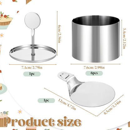 6 Pack Round Cake Ring Molds, Seamless Round Stainless Steel Cake Ring, Mousse Rings 3 Inch Pastry Cutter 3" Crumpet Rings, Stainless Steel Dessert Cooking Molds with Presser & Lifter for Baking