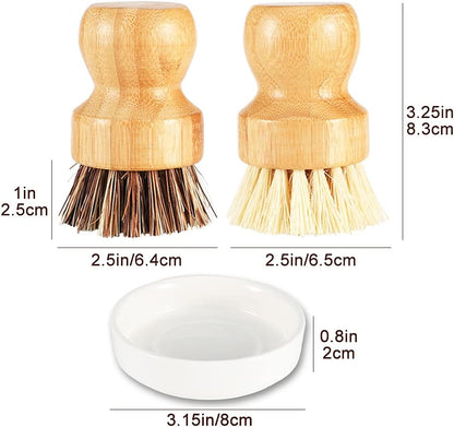 Bamboo Brush Dish Scrubber - Natural Bristles Palm Pot Brush, 2 Pack Round Mini Dish Brush for Kitchen Cleaning