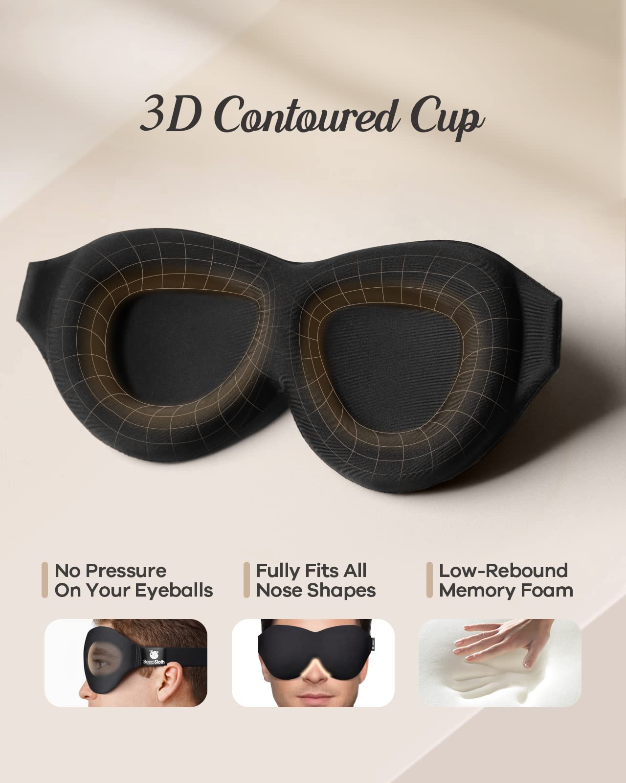 Sleep Eye Mask for Men Women, 3D Contoured 100% Blackout Eye Mask for Sleeping with Adjustable Strap, Soft and Comfortable Night Blindfold, Shade Cover for Travel Shift Work Nap, Black