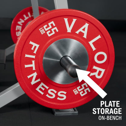 Valor Fitness Olympic Weight Bench Press Station - Spotter Arms - Adjustable Safety Catch- Max 500 lbs - Plate Storage Pegs - Home Gym Equipment