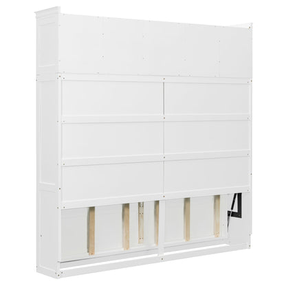 Murphy Bed Queen Size,Murphy Bed with Top Cabinets & Wine Rack,Space-Saving Hideaway Wall Foldable Bed w/Dual Piston Metal Folding Mechanism,Bedroom Folding Bedframe for Guest Room,White