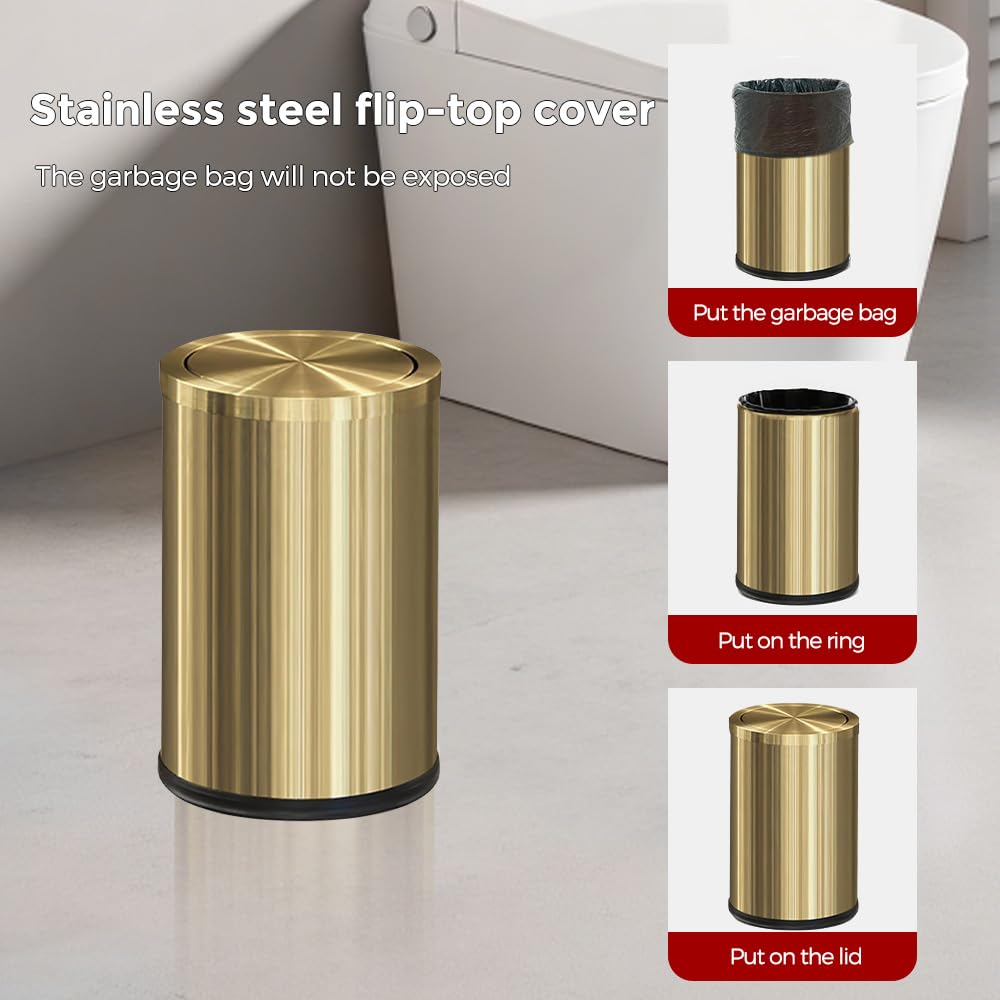 LEASYLIFE 9L/2.4Gal Gold Trash Can,Brass Bathroom Garbae Can with Flipping Lid,Small Brass Garbage Can for Office, Laundry Room,Bedroom,Hotel