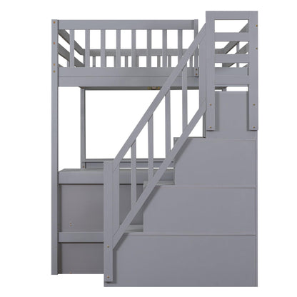 Ball & Cast Loft Bed Full Size with Built-in L-Shaped Desk and Three-Tier Storage Shelves,Wooden Bedframe w/Storager Staircase & Guardrails,Space Saving,Bedroom Furniture for Student Dorms,Gray