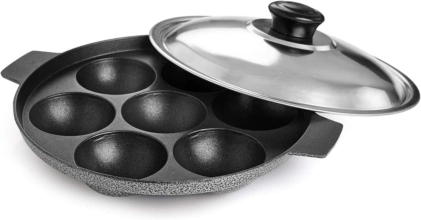Appam Patra Paniyaral Non-Stick Paniyaram Pan with Stainless Steel Lid, 7 Balls