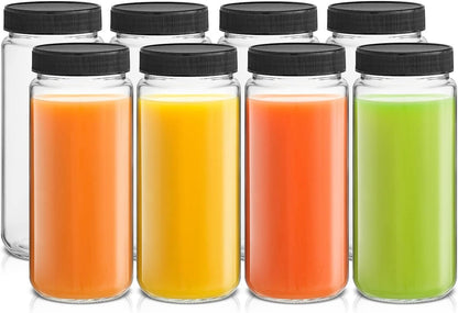 16 oz Set 8 JoyJolt Glass Juice Bottles, Glass Bottles with Caps. of Juice Containers with Lids for Fridge, and Labels