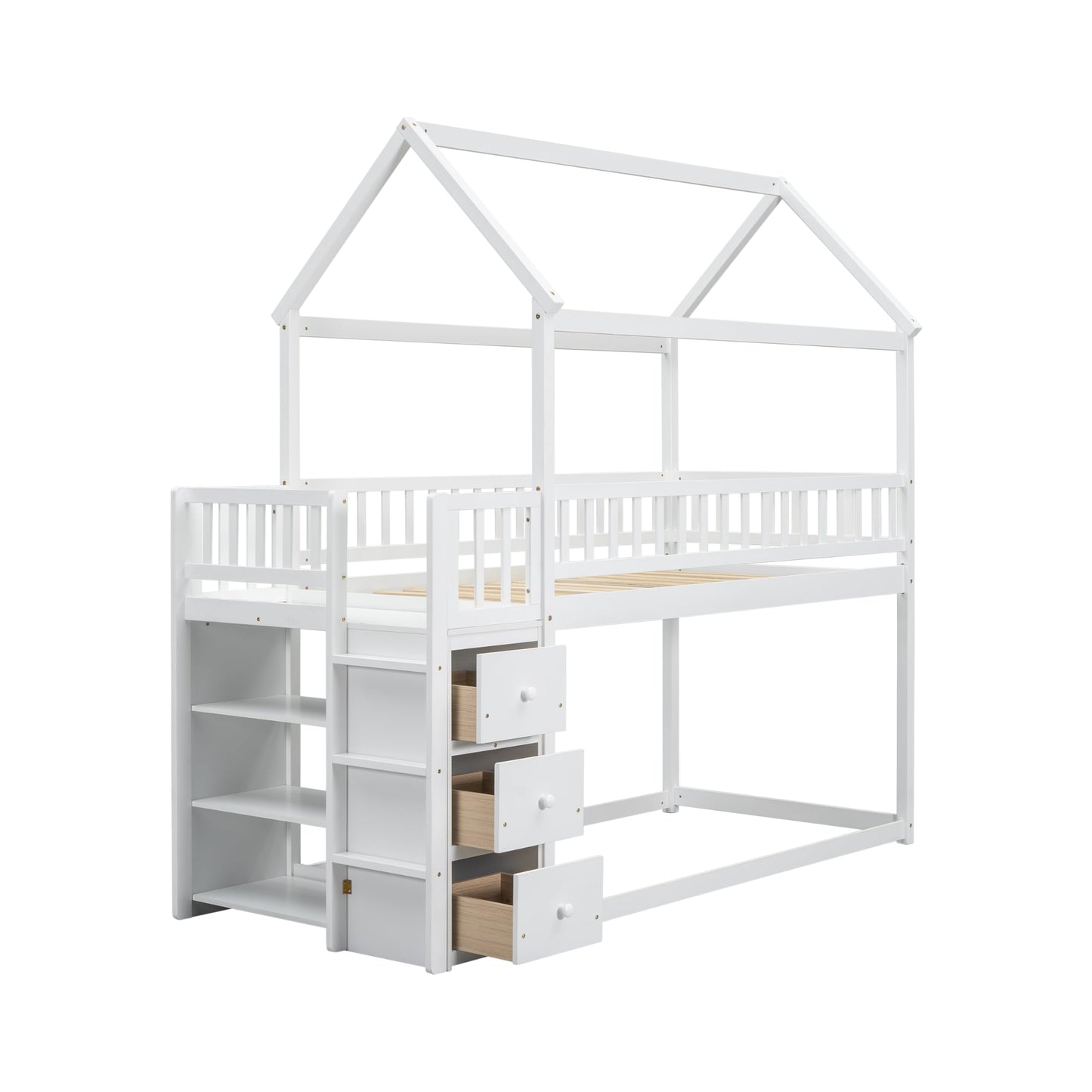 Bellemave Bunk Bed Twin Over Twin, Bunk Bed with Slides and Stairs, House Bunk Bed with roof, Twin bunk Bed for Kids, Teens, Kids bunk beds, White