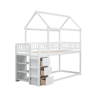 Bellemave Bunk Bed Twin Over Twin, Bunk Bed with Slides and Stairs, House Bunk Bed with roof, Twin bunk Bed for Kids, Teens, Kids bunk beds, White