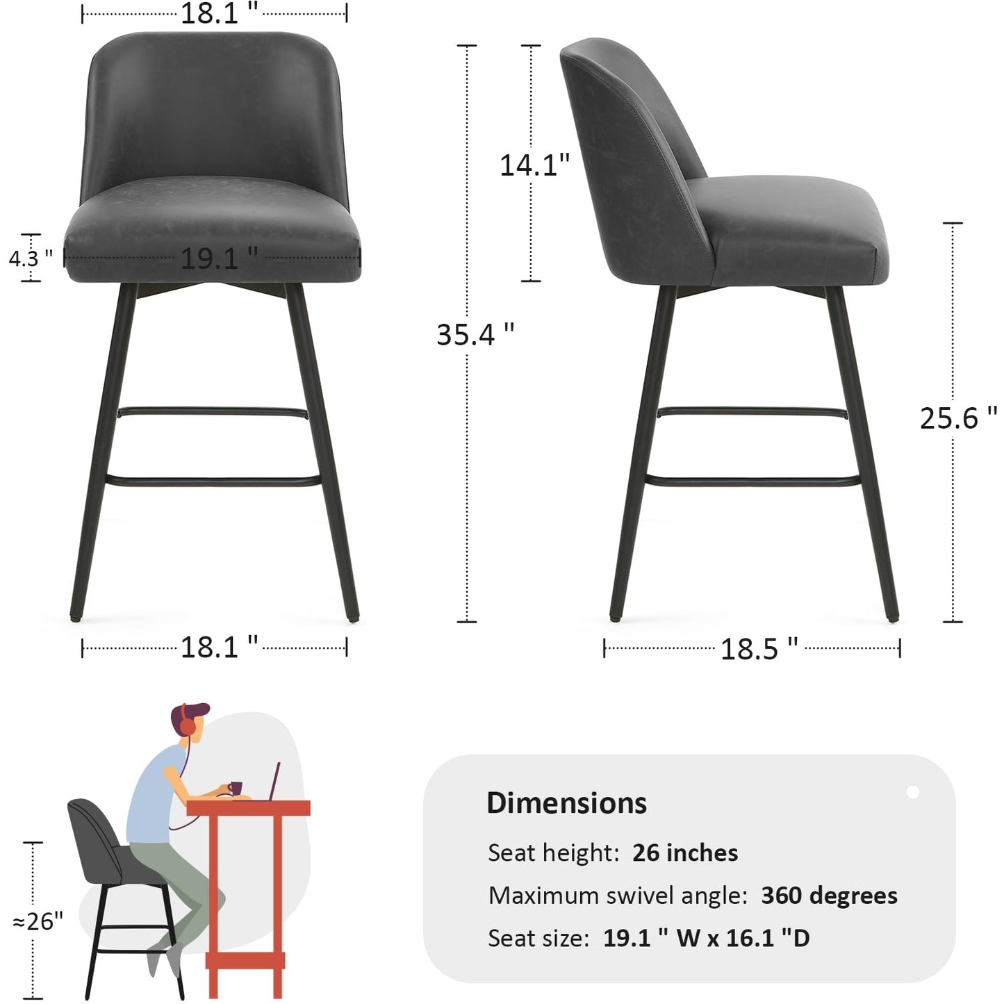 Coolazy Counter Height Bar Stools Set of 4,360° Swivel Faux Leather Barstools with High Back 26" H Seat Height (Faux Leather-Grey, 4 Pieces - 26" Counter Height)