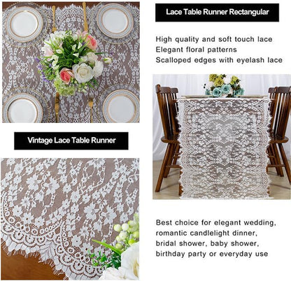 ShinyBeauty 30x120-Inch White Lace Table Runner, Vintage Lace Table Cover, Rustic Floral Embroidered Table Linen