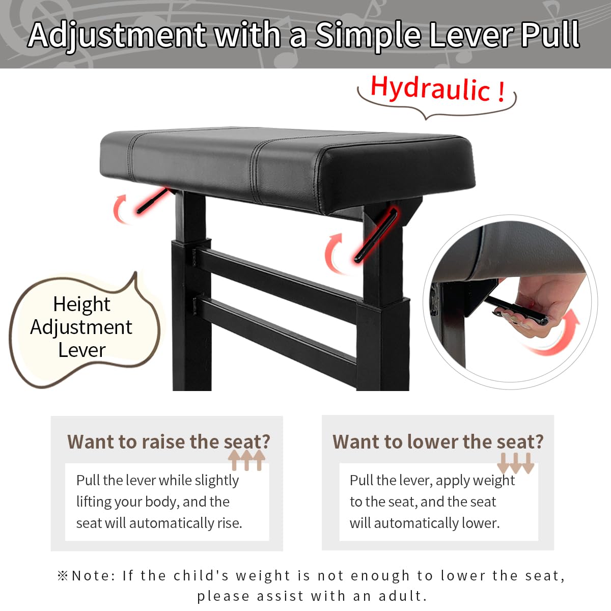 lumizone Hydraulic Lifting Piano Bench - Height Adjustable Keyboard Bench Heavy Duty Piano Stool with 23.62" x 14.17" PU Leather, High-Density Sponge & Alloy Base 2 Styles & 2 Colors (Black, Smooth)