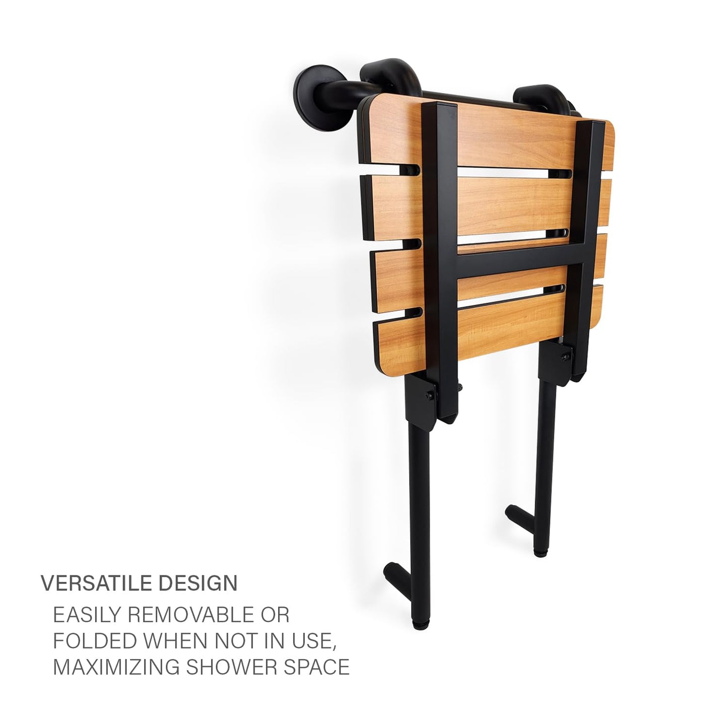 Seachrome Profile Folding Shower Seat with 18 inch Grab Bar, Removable Hanging Bench with Backrest & Legs, Teak Phenolic Seat, Black Semi-Gloss Grab Bar