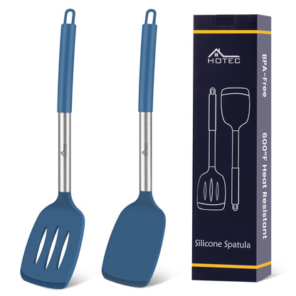 HOTEC Silicone Spatula Set of 2 Heat-Resistant 600°F & BPA-Free Kitchen SaptulaTurner with Stainless Steel Handles, Slotted & Solid Spatulas for Nonstick Cookware, 13.7 Inch, Classic Blue