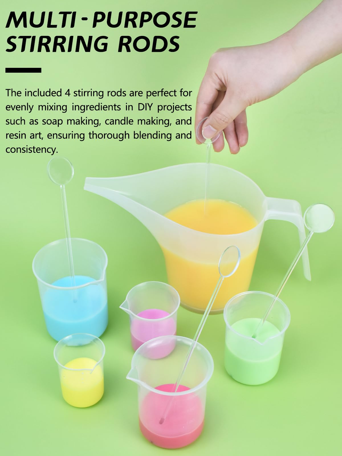 Artcome Funnel Pitcher Set - 4 Pack, 1000ml Plastic Measuring Pitchers with Funnels, 4 Stirring Rods, and 15 Small Measuring Cups for Soap Making, Resin Casting, Baking, and DIY Crafts