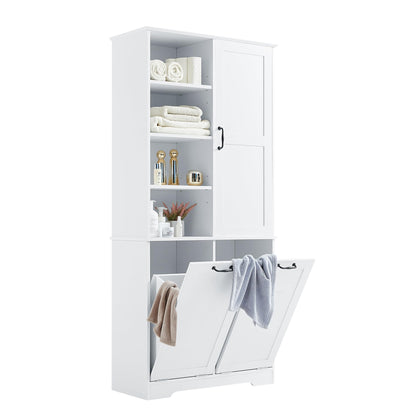 Merax Tall Storage Cabinet with Door and Open Shelf, Multi-Functional Laundry Hamper Basket for Home Bathroom, Laundry Room, White