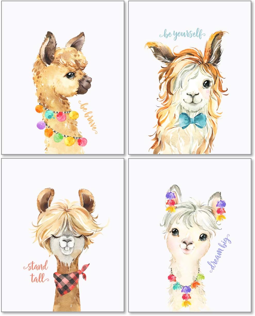 Confetti Fox Llama Nursery Wall Art Decor - 8x10 Unframed Set of 4 Prints, Kids Cute Alpaca Pictures