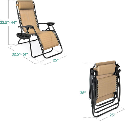 Best Choice Products Adjustable Steel Mesh Zero Gravity Lounge Chair Set - 2 Recliners with Pillows & Cup Holders - Beige