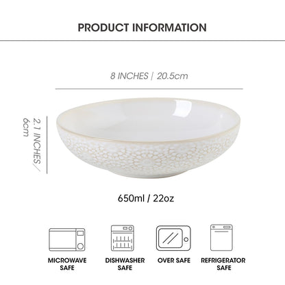 Feenmai 8" Ceramic Pasta Bowls, 22 Oz Serving Bowls Set of 4, Porcelain Shallow Soup Bowl, Embossed Serving Dishes for Pasta, Fruit, Salad, Housewarming Gift, Dishwasher Safe