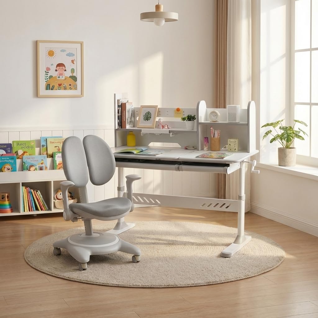 JOYLDIAS Ergonomic Kids Desk with Hutch, 47" Wide Height Adjustable Study Table for Home School, Anti-Hunchback Tilting Desktop for Reading & Drawing, Durable Student Learning Center for Boys & Girls