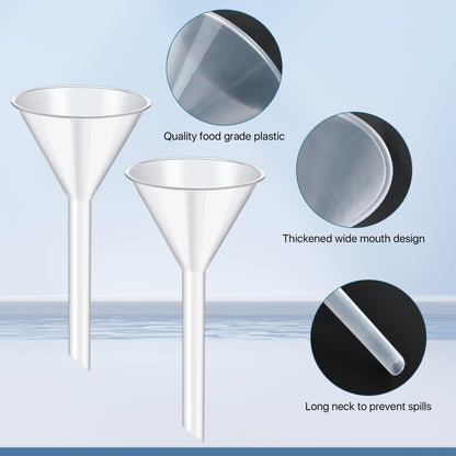 Elesunory 25Pcs 3.5 Inch Plastic Funnels, Wide Mouth Funnels for Kitchen Use Filling Bottles, Versatile Large Funnel with Long Reaching Spout for Oil, Perfume, Spices