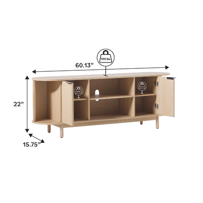 Walker Edison Modern Curved Reeded TV Stand for TVs up to 70 Inches, Credenza with Sliding Doors and Adjustable Shelves, TV Stand with Cord Management Cutout, 60 Inch, Coastal Oak