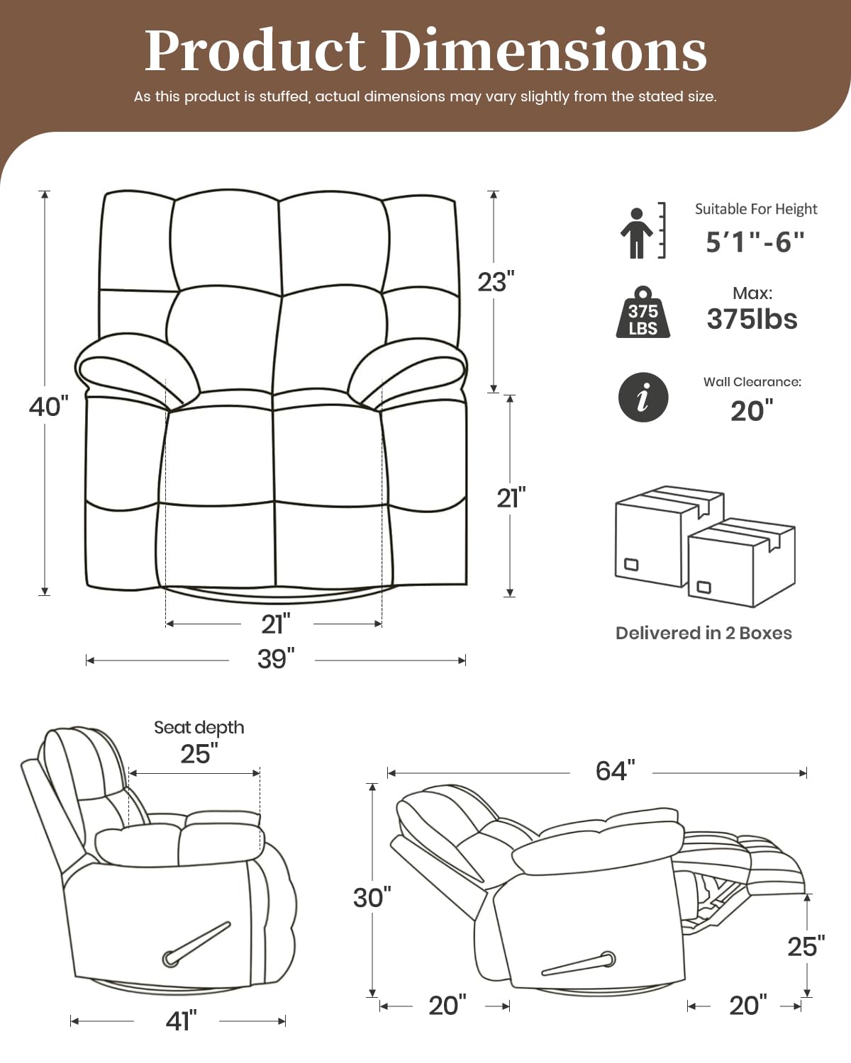 GARTMILAN Oversized Manual Recliner Chair with 360° Swivel, Big and Tall Rocker Glider for Nursery Living Room, Chenille Overstuffed Reclining Sofa with Handle, 375lbs (Blue, Manual)