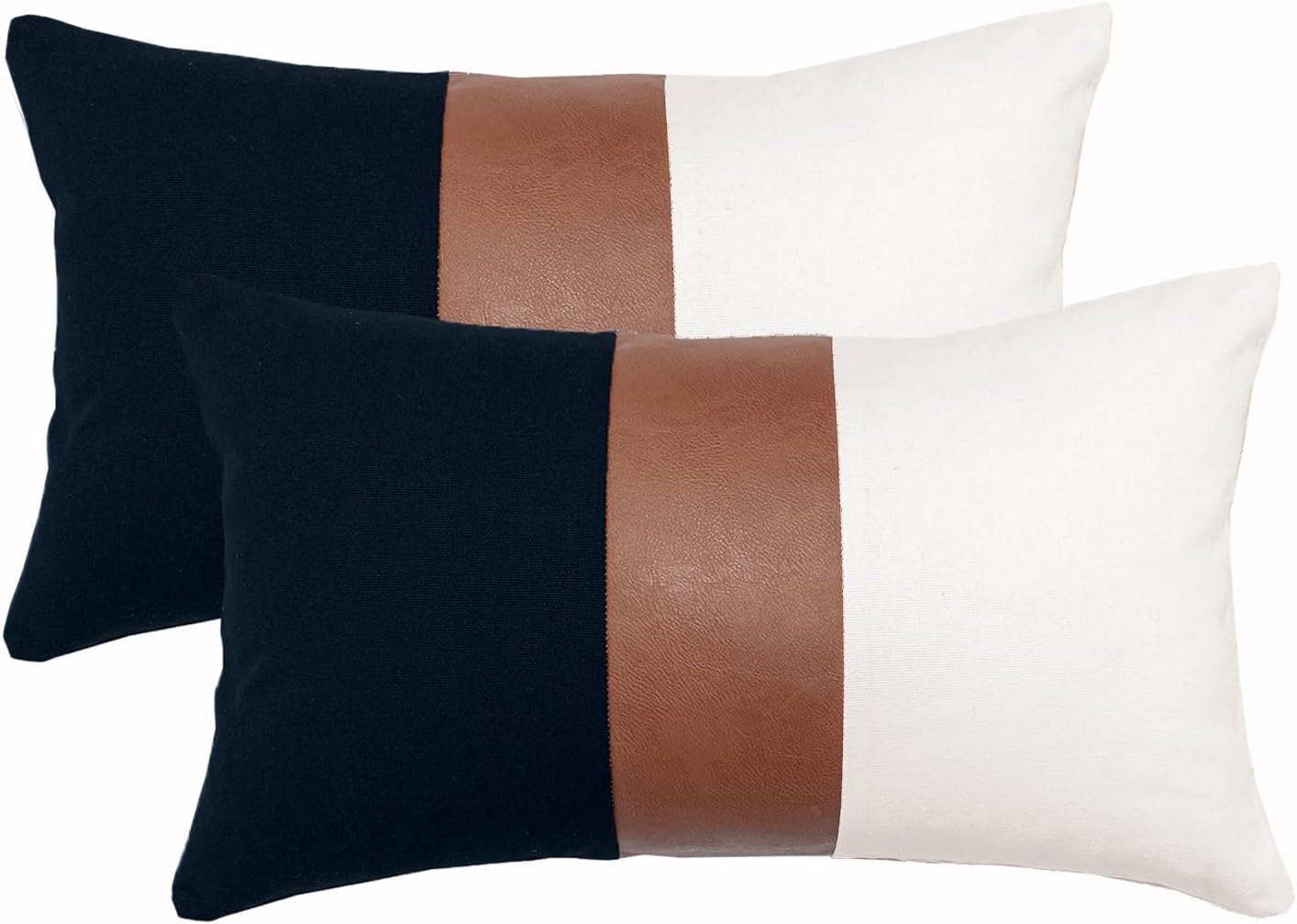 12x20 Set 2, Lumbar Pillow Covers of Reversible Black White Cotton & Brown Leather Patchwork Pillow Case for Sofa Bed