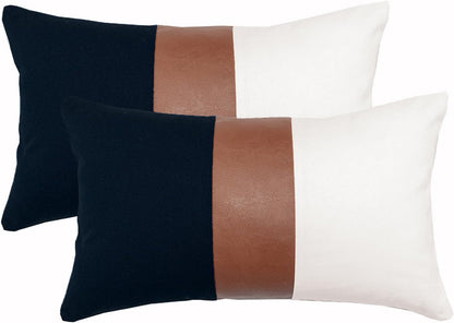 12x20 Set 2, Lumbar Pillow Covers of Reversible Black White Cotton & Brown Leather Patchwork Pillow Case for Sofa Bed