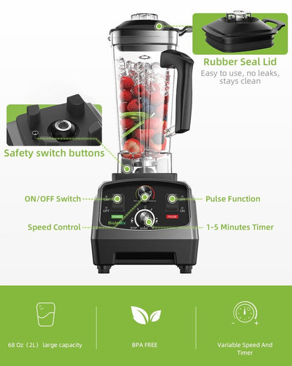 BioloMix Professional Smoothie Blender - 2200 Watt Motor, 68 Oz Large Capacity, High Speed Blender for Shakes, Smoothies, Ice Crushing, Frozen Fruits (with Extra Parts)