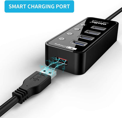 Atolla 4-Port USB 3.0 Hub with 4 Data Ports, 1 Smart Charging Port, Individual On/Off Switches and 5V/3A Adapter