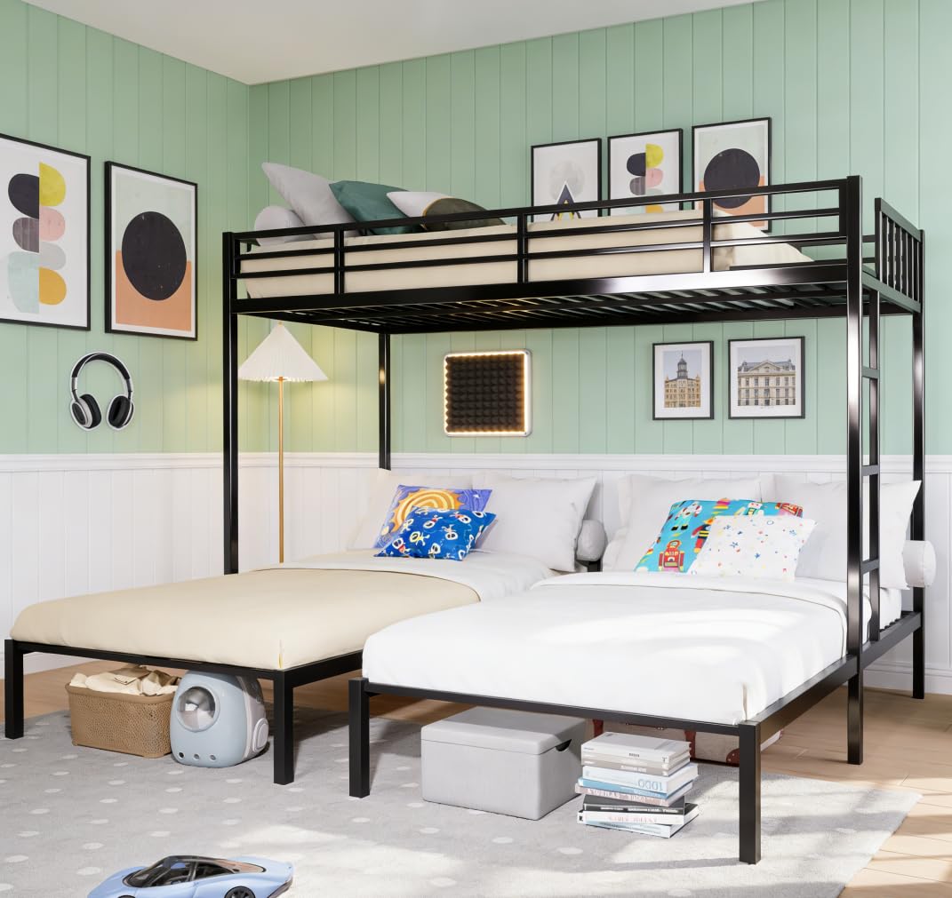 Bellemave Twin Triple Bunk Bed for Kids, Teens,Adults, Metal Twin XL Bunk Beds for 3, 3 bunk Bed for 3 Kids, Adults（Heavy Metal, Black）