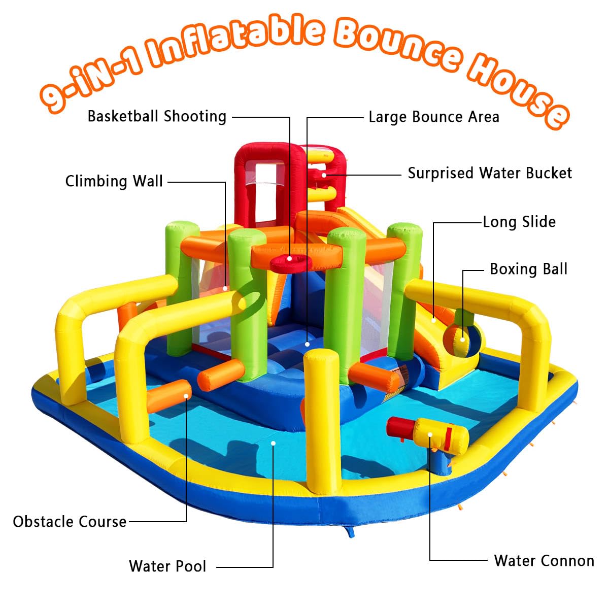 Umbalir Inflatable Obstacle Bounce House, Kids Bounce House Water Park with Water Slides, Surprise Dump Bucket, Obstacles,Jumping, Tunnels, Climbing,Water Cannon, and Ball Shooting Frame