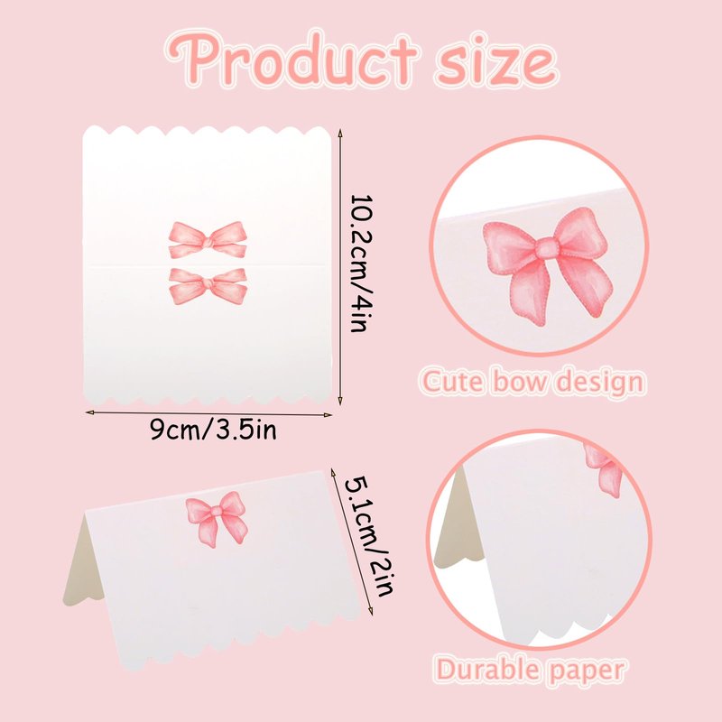 OIPKKUI 100Pcs Pink Bow Place Cards, 2.54 x4 Inch Cute Bow Knot Tent Name Cards 5 Designs Blank Seat Assignment Label Cards for Birthday Party Wedding Coquette Setting (Pink-5 pattern)
