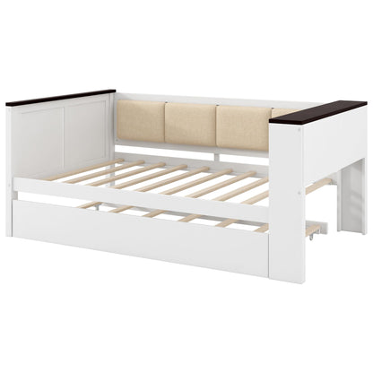 Merax Twin Size Wood Daybed with Storage Shelves, Platform Bed Frame Upholstered Backrest, USB and Trundle, Easy Assembly, White