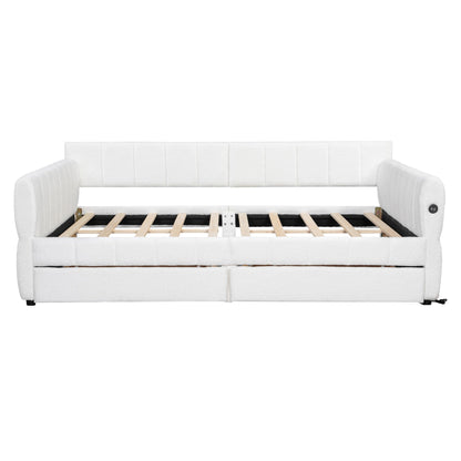 Ball & Cast Queen Size Daybed with Storage Drawers and USB Port,Upholstered Day Bed Frame with Channel Tufted Backrest and Armrest, Boucle Fabric,No Box Spring Needed,White
