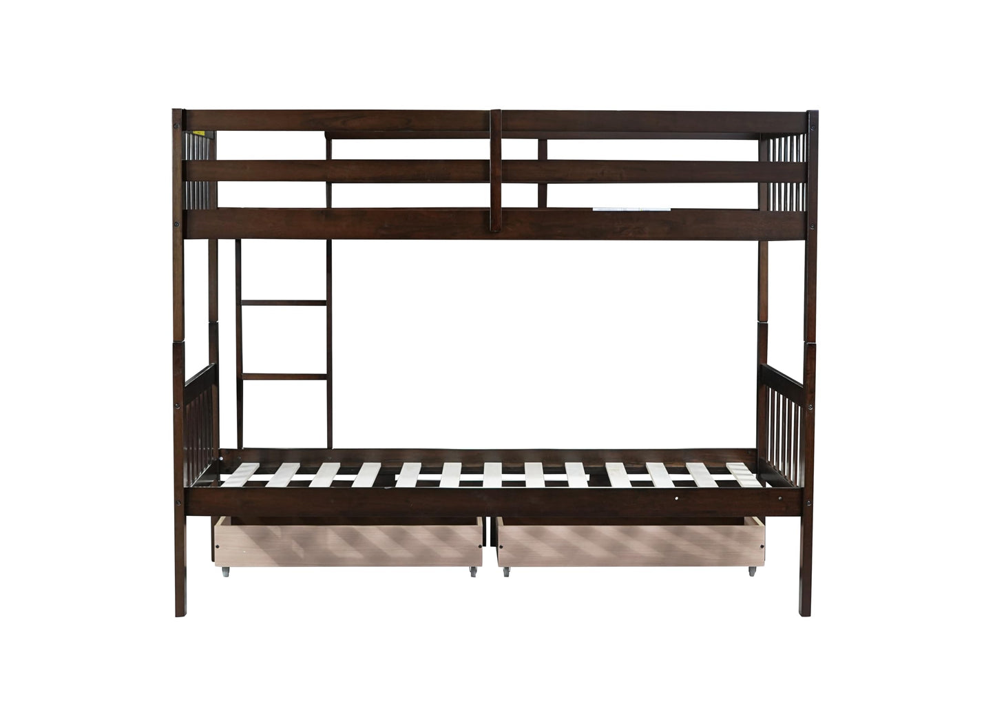 MERITLINE Wood Bunk Bed with Drawers, Convertible Bunk Bed with Ladders and Two Storage Drawers, Solid Wood Detachable Bedframe with Guardrails, Twin Over Twin, Espresso