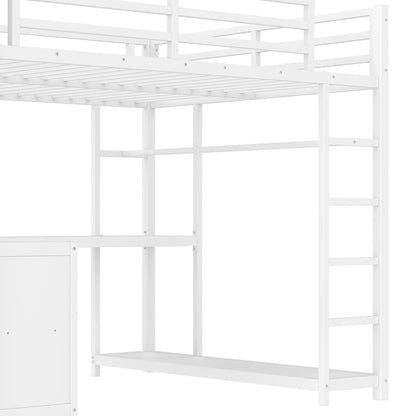 Bellemave Queen Size Loft Bed with Desk & Clothes Rack, All-in-One Heavy Duty Metal Loft Bed Frame with Storage Cube & Shelf, Space Saving Loft Bed Queen Size for Adult, Teen, Kids, Apartment, White