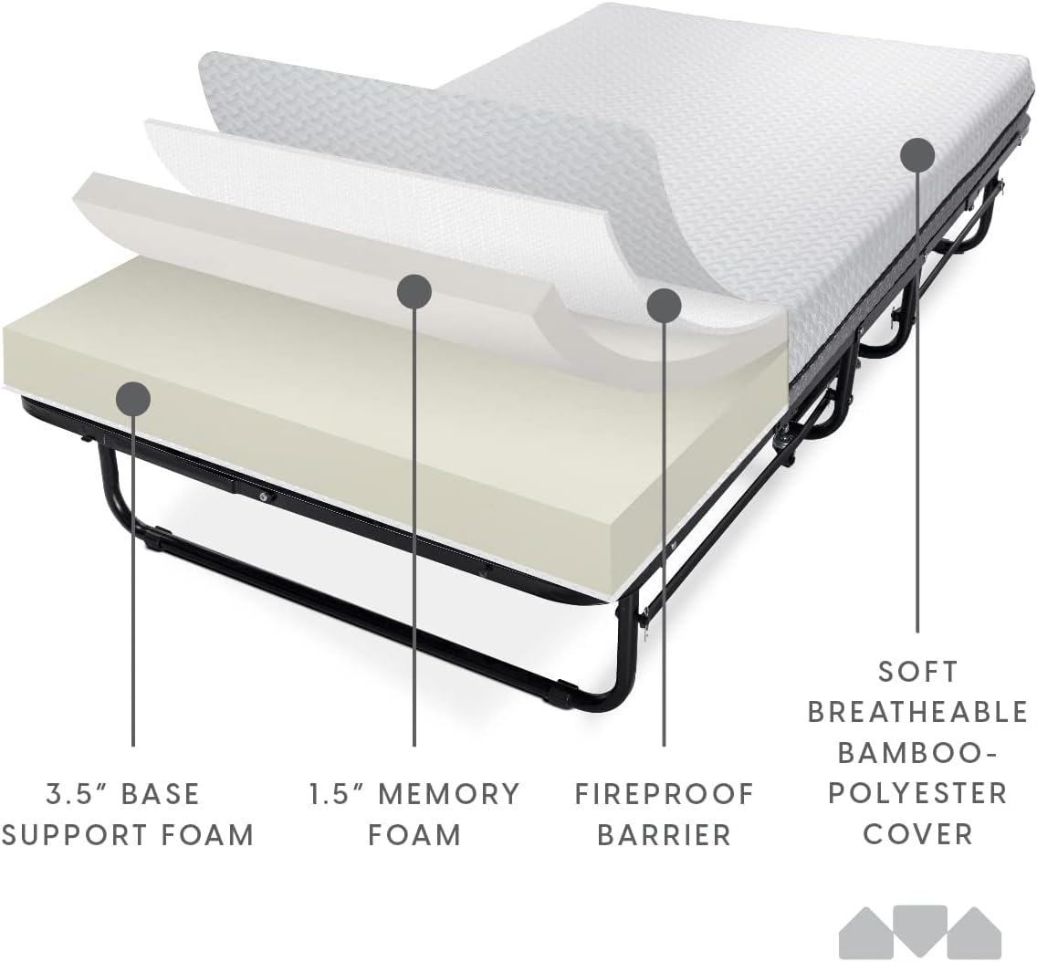 Milliard Deluxe Diplomat Folding Bed with Mattress for Adults, Twin Size, Portable Foldable Bed with Luxurious Memory Foam Mattress & Super Strong Frame, 75” x 38", Fold Up, Roll Away, & Hideaway