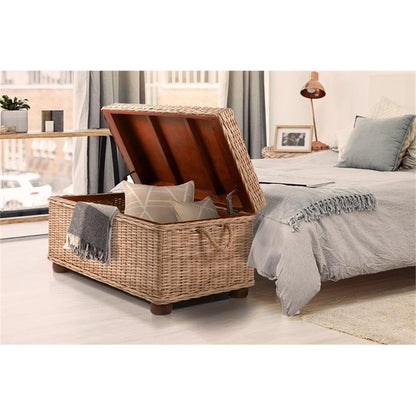 Pemberly Row Modern Kubu Wicker Rattan Storage Trunk, 37 in x 21.25 in x 19 in, Tan Finish, Handmade with Solid Mahogany Frame, Spacious Lift-Top Storage, Versatile Coffee Table for Living Room or