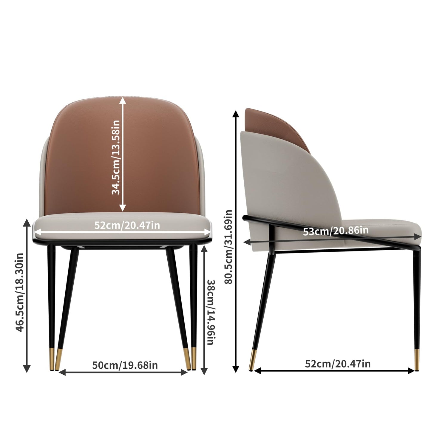 Wisfor Dining Chairs Set of 2: Faux Leather Upholstered Makeup Chair with Arched Backrest - Armless Vanity Chairs with Metal Legs for Kitchen Living Room Bedroom (Reddish Brown and Beige)