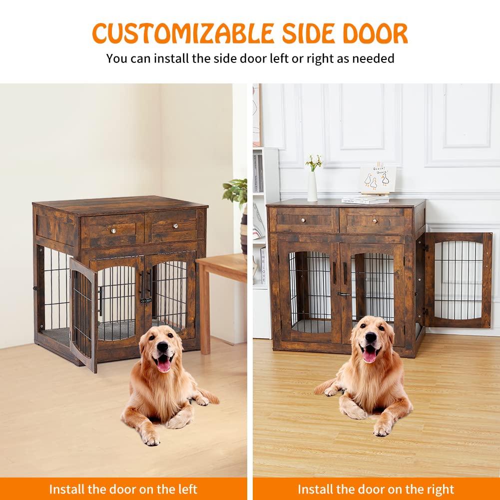 Dog Crate Furniture with Double Drawers, Wooden End Table Dog Kennel, Furniture Style Wood House Crate for Large Dogs, Decorative Dog Crate with Storage for Large Breed, 40 Inch Retro